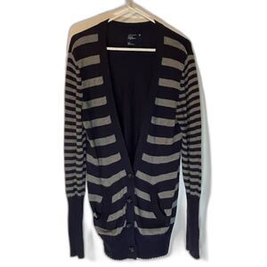 American Eagle Preppy Cozycore Blue/Gray Stripe Slouchy Cardigan Pockets L